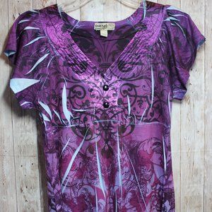 Energe Purple print Short Sleeve V-Neck Top Small